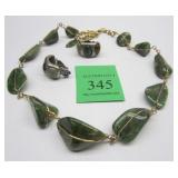 PAIR OF CLIP ON EARRINGS, AND A NATURAL GREEN STONE NECKLACEPhoto Description