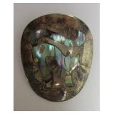 MEXICAN STERLING CAT THEME PIN INLAID WITH MOP. 1.75" TALLPhoto Description