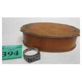 CELLULOID BOX AND A RESIZED STERLING FAME RING, UNMARKED. SIZE 9 1/4Photo Description