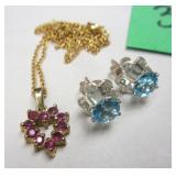 PAIR OF STERLING EARRINGS WITH BLUE TOPAZ COLORED STONES, AND A PINK SAPPHIRE COLORPhoto Description