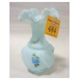 FENTON RUFFLED HAND PAINTED BLUE SATIN GLASS VASE. 5.75"