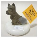BRASS SCOTTIE DOG FIGURE ON WHITE MARBLE BASE, 2" TALL