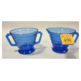 BLUE GLASS CREAM AND SUGAR