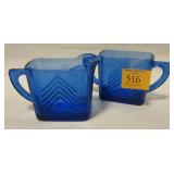 BLUE GLASS CREAMER AND SUGAR