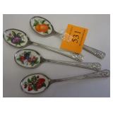 SET OF FOUR JAPANESE STAINLESS STEEL SPOONS WITH HAND PAINTED ENAMELED INLAID BOWLS
