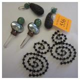 THREE PAIRS OF EARRINGS. ONE PAIR WITH ADVENTURINE AND CRYSTAL, FACETED BLACK GLASS DANGLE