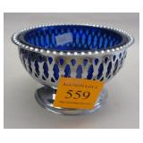 CHROME FOOTED BOWL WITH BLUE GLASS INSERT. 4.25" WIDE