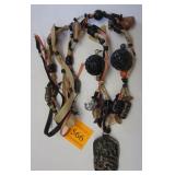 ETHNIC NECKLACE STRUNG ON SILK WITH GLASS AND BLACK LAQUERED BEADS, COPPER, JASPER, AND BONE WITH SE