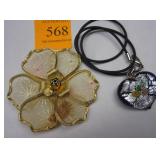 HEART SHAPE ART GLASS PENDANT INLAID WITH MILIFIORI AND SILVER LEAF. 2.5" PIN WITH SILK SCREEN