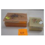 TWO ALABASTER SMALL JEWELRY BOXES. NICK ON UNDERSIDE CORNER OF LID. LARGEST 4.25" WIDE