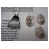 THREE PINK MOTHER OF PEARL SCRIMSHAW STONES AND A NIRVANA WATERMELON TOURMALINE PENDANT