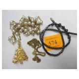 HEMATITE NECKLACE, FAUX PEARLS , CHRISTMAS TREE PIN, DECO CHAIN