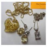 GLASS HEART PENDANT, .925 PENDANT WITH STONE, PAIR OF FAS .925 EARRINGS WITH YELLOW GEM STONE AND VE