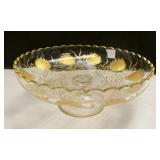 ANTIQUE BOHEMIAN GLASS COMPOTE . GILT INTAGLIO CUT THISTLE PATTERN. 7 3/8" DIAMETER. POSSIBLY MOSER.