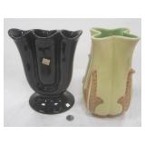 TWO VINTAGE ART POtTERY VASES: RED WING ACANTHUS LEAF PATTERN AND A HULL #112 TRIPLE BLACK GLAZED