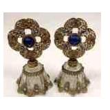 PAIR OF GLASS PERFUME BOTTLES WITH JEWELED FILIGREE STOPPERS
