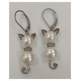 STERLING AND PEARL CAT EARRINGS