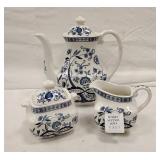ENOCH WEDGWOOD BLUE ONION TEAPOT, CREAMER, SUGAR
