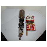 Antique coffee grinder and tins