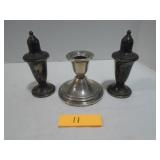 Sterling salt and pepper and candleholder