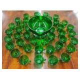 GREEN GLASS PUNCH BOWL SET + 42 CUPS