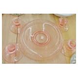 PINK GLASS CANDLESTANDS AND PLATTER
