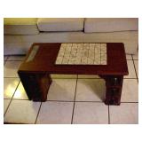 COFFEE TABLE - BASE ARE TREADLE DRAWERS DRAWERS - TOP IS DROPLEAF  WITH TILE INSERT