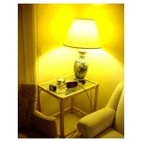 GLASS TOP OCCASIONAL TABLE W ORIENTAL STYLE LAMP