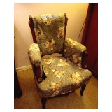 UPHOLSTERED EASTLAKE STYLE CARVED ARM CHAIR W CASTORS