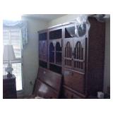  2 OAK BOOKSHELVES & CABINET W BUILT IN DESK