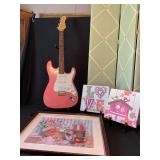 G. Burton Electric Guitar, guitar stand & three pictures