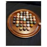 Vintage Wooden Solitaire Game Board w/Natural Stone Marbles