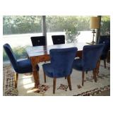 Blue Velvet Dining Chairs and Handcarved Table