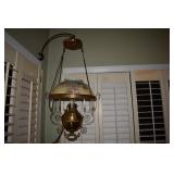 VICTORIAN HANGING BRASS LAMP, PAINTED GLASS SHADE
