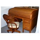 OAK ROLL-TOP DESK. EXTRA NICE PADDED DESK CHAIR.