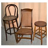 WICKER SEAT TALL STOOL & ROCKER. WOODEN STOOL.