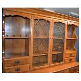THE HUTCH, CLOSEUP- 4 DRAWERS, 4 DISPLAY SHELVES, 2 GLASS DOORS ENCLOSING 2 MORE SHELVES