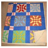 EARLY AMERICAN HAND STITCHED QUILT #1, BLOCK PATTERN- BLUE