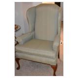 1 of 2 BROYHILL HIGHBACK WINGBACK CHAIRS, PALE GREEN FABRIC