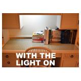LIGHTED BOOCASE & STORAGE TIP HOLDS FLORESCENT LIGHT WHICH ILLUMINATES DESK TOP