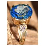 10K GOLD, DIAMOND, AQUA BLUE COLOR STONE