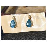 AQUA BLUE COLOR STONES, DIAMOND IN EACH EARRING, 14K GOLD