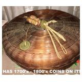 CIRCA 1700-1850 COINS ON THIS SEWING BASKET WITH LID