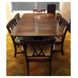 MAHOGANY DBL DROPLEAF DINING TABLE w/LEAF AND 6 FINE QUALITY CHAIRS WITH NEEDLEPOINT SEAT COVERS 6 