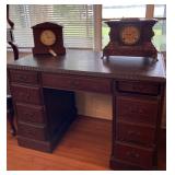 SOLID WOOD VINTAGE DESK. 2 ANTIQUE CLOCKS