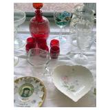 DECORATED RUBY GLASS DECANTER with 6 Shot Glasses