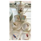 NICE CHINA. BIRD MOTIF COFFEE OR TEA POT w/CUPS & SAUCERS