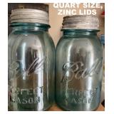 BALL PERFECT MASON BLUE GLASS CANNING JARS WITH ZINC LIDS