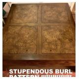 CLOSER, BETTER VIEW OF THE BURL PATTERN ON THE TABLE