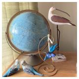 WORLD GLOBE; BIRD FIGURINES